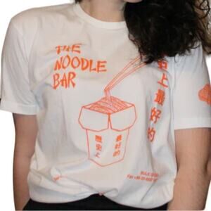 Noodle Bar News White Orange Crew Neck Short Sleeve T-Shirt size M T-Post Ramen
